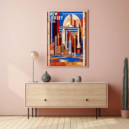 New Jersey USA 1950s Waterfront Skyline Vintage Travel Poster