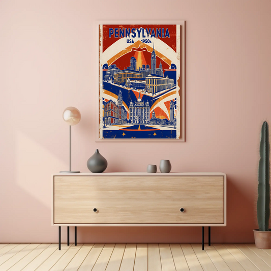 Pennsylvania USA 1950s Monument Skyline Vintage Travel Poster