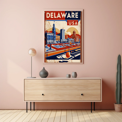 Delaware Waterfront Skyline Retro USA Vintage Maroon Travel Poster