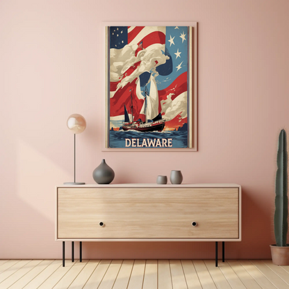 Delaware Sailboat Flag Sky Vintage Travel Poster
