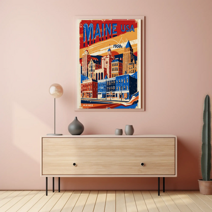 Maine USA 1950s Seaside Townscape Vintage Maroon Travel Poster