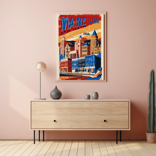 Maine USA 1950s Seaside Townscape Vintage Maroon Travel Poster