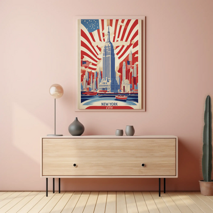 New York Empire Skyline Flags Vintage Travel Poster