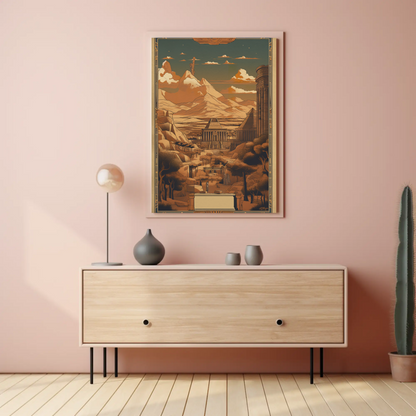 Egyptian Temple Statues Desert Mountains Vintage Travel Poster