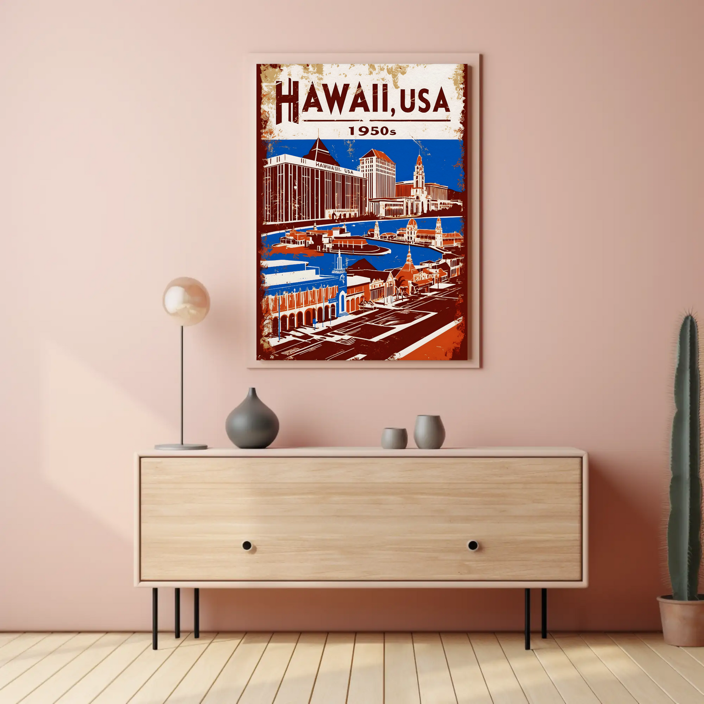 Hawaii USA 1950s Island Life Vintage Maroon Travel Poster