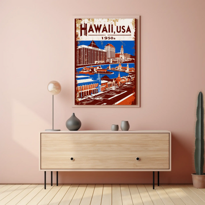 Hawaii USA 1950s Island Life Vintage Maroon Travel Poster