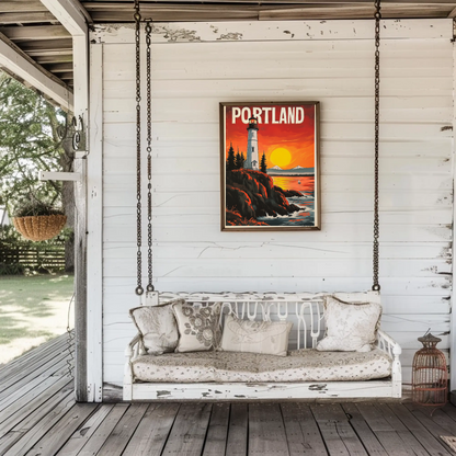 Portland Vintage Poster - Lighthouse at Sunset