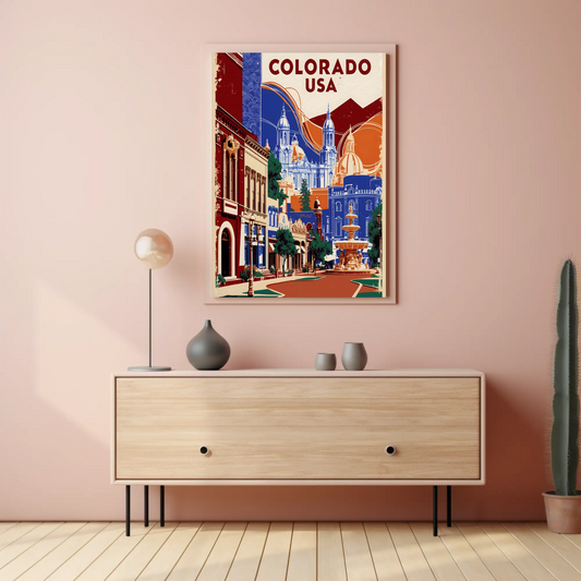 Colorado Historic Dome Skyline Vintage Maroon Travel Poster USA