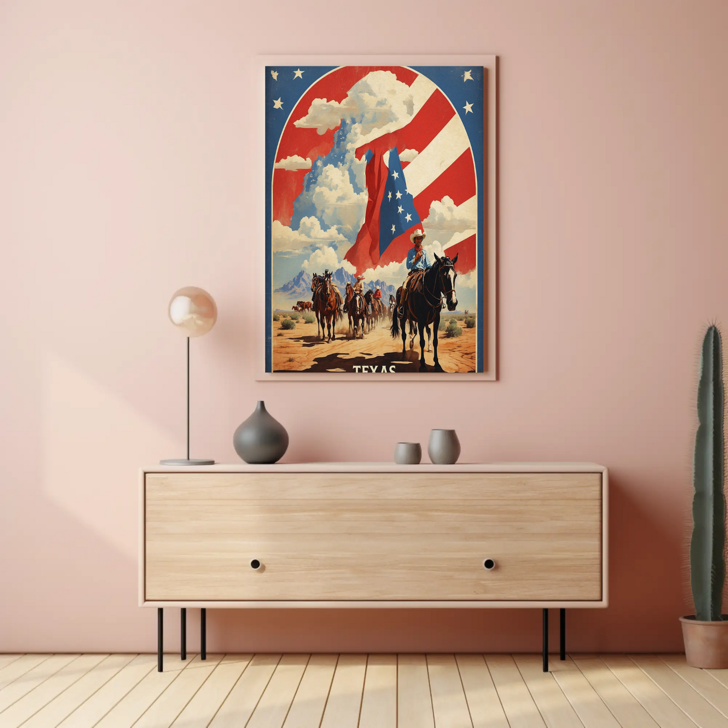 Texas Cowboys Horses Flag Desert Vintage Travel Poster