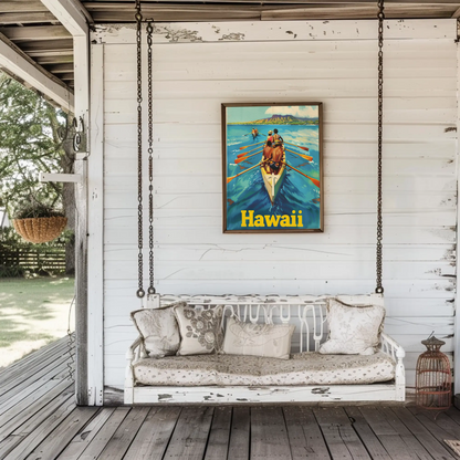 Vintage Travel Poster - Hawaii Rowing Canoe