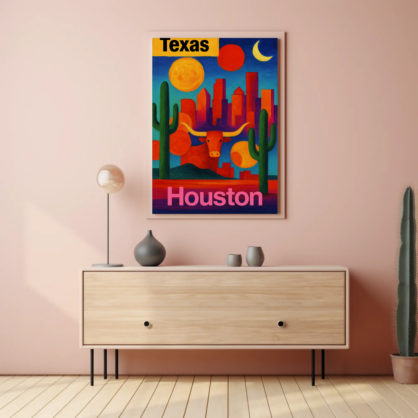 Texas Houston Longhorn Cactus Sunset Cityscape Vintage Travel Poster