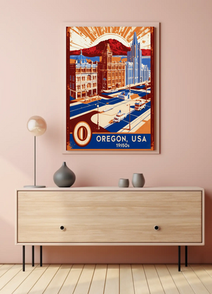 Oregon USA 1950s Coastal Cityscape Vintage Travel Poster