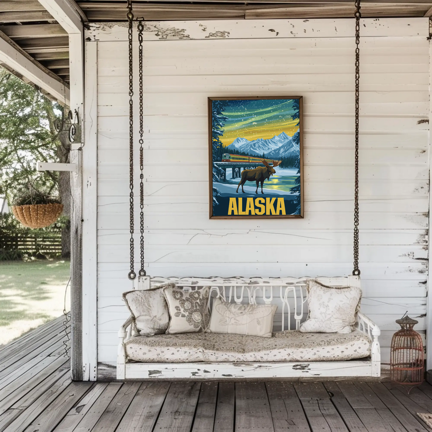 Alaska Vintage Poster - Moose and Northern Lights