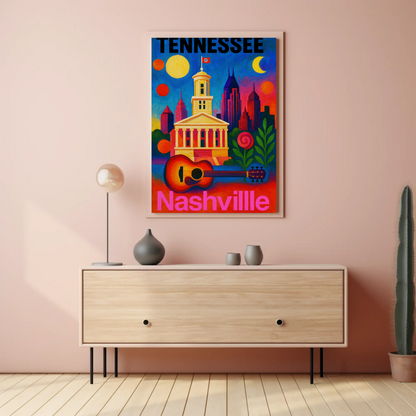 Tennessee Nashville Capitol Guitar Music City Vintage Travel Poster