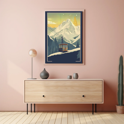 Village Chapel Below Jagged Alps Vintage Travel Poster