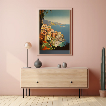 Italy Coastal Village Cliffs Blue Sea Vintage Travel Poster