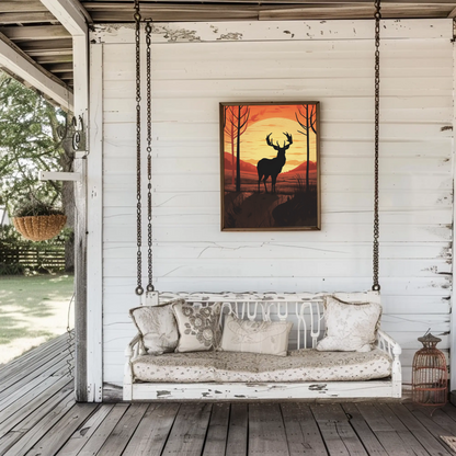 Sunset Forest Silhouette Deer Landscape Vintage Travel Poster
