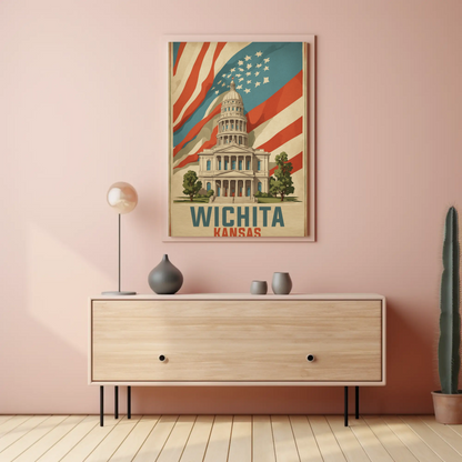 Wichita Kansas State Capitol And Flag Vintage Travel Poster