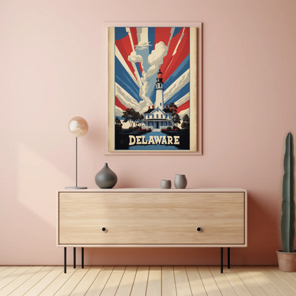 Delaware Lighthouse Patriotic Rays Vintage Travel Poster