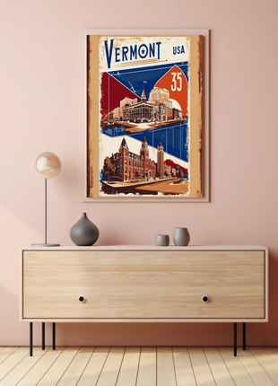 Vermont USA Historic Red Brick Skyline Travel Poster