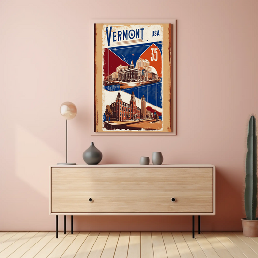 Vermont USA Historic Red Brick Skyline Travel Poster