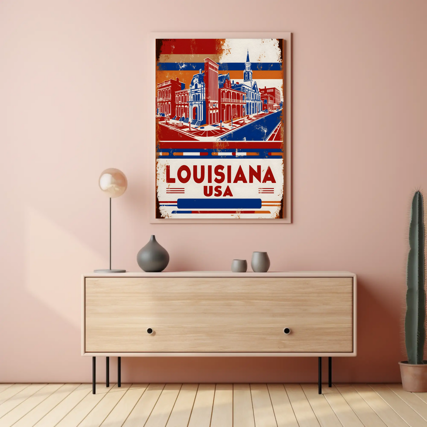 Louisiana USA French Quarter Street Vintage Maroon Travel Poster
