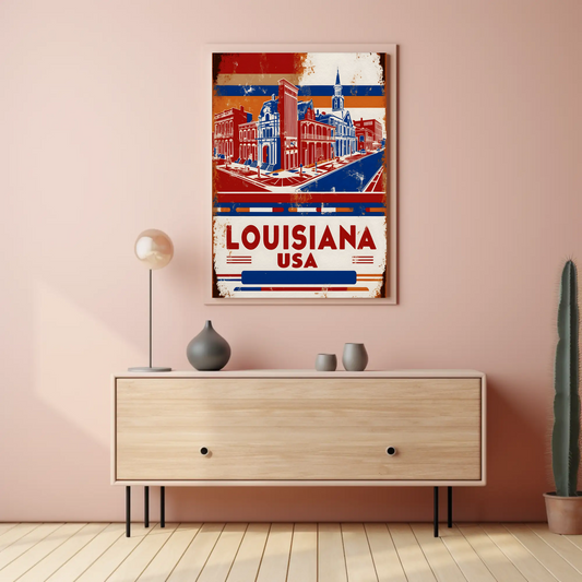 Louisiana USA French Quarter Street Vintage Maroon Travel Poster