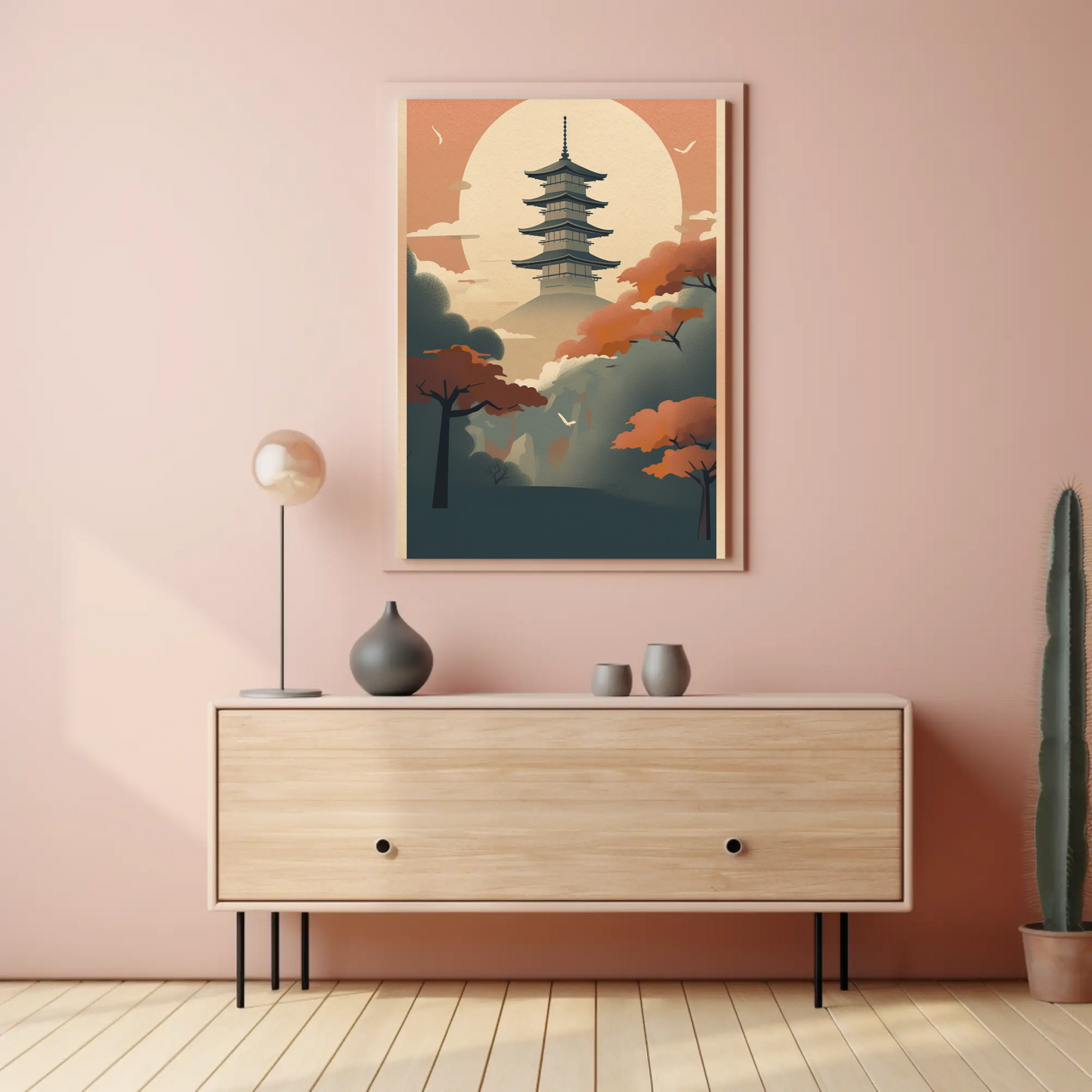 Sunset Pagoda Japan Mountain Haze Vintage Travel Poster