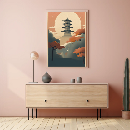 Sunset Pagoda Japan Mountain Haze Vintage Travel Poster