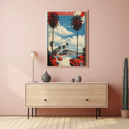 Florida Retro Cars Beach Palms Vintage Travel Poster