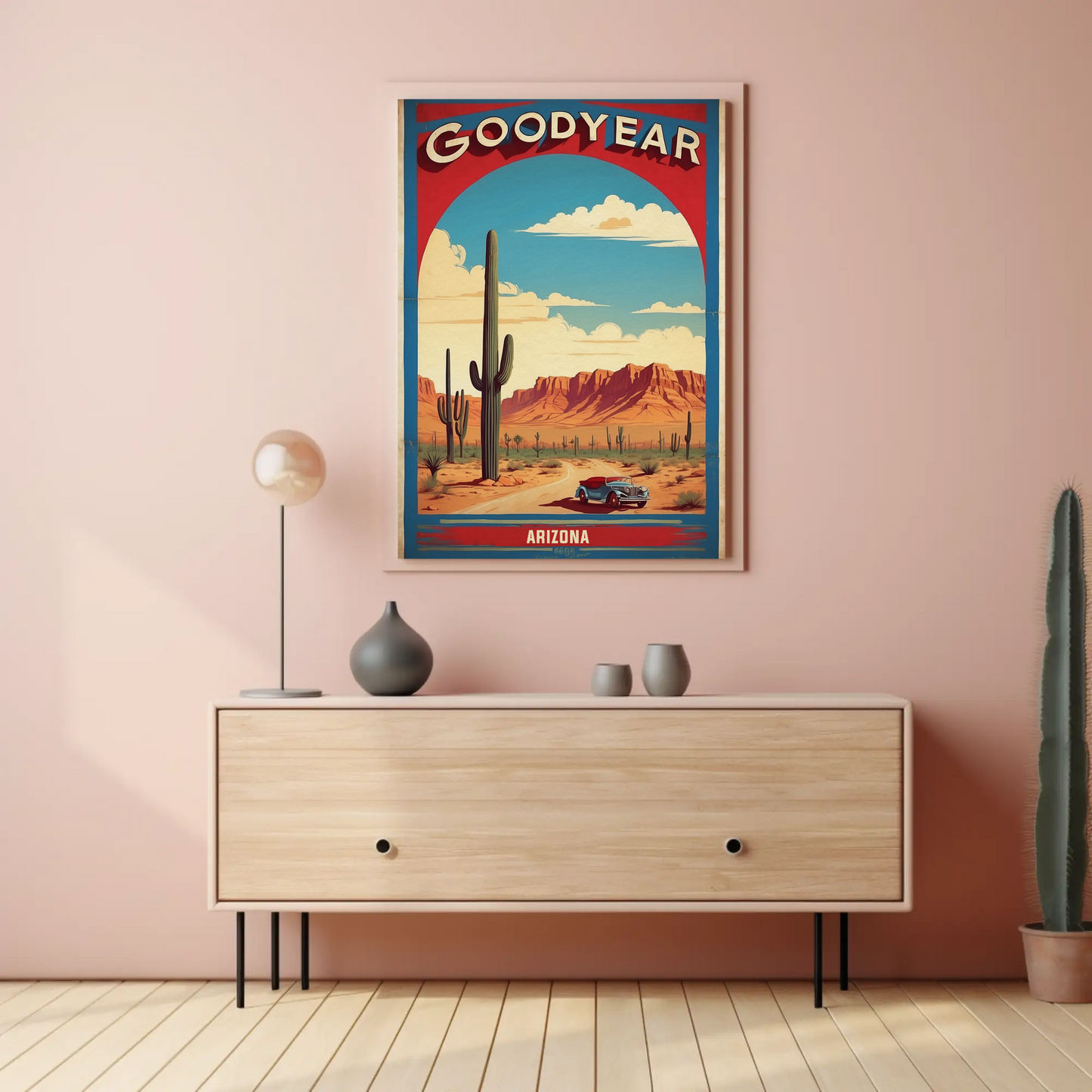 Goodyear Arizona Desert Roadster Mountains Vintage Travel Poster