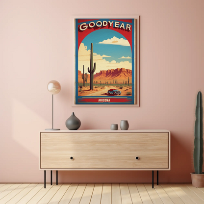 Goodyear Arizona Desert Roadster Mountains Vintage Travel Poster