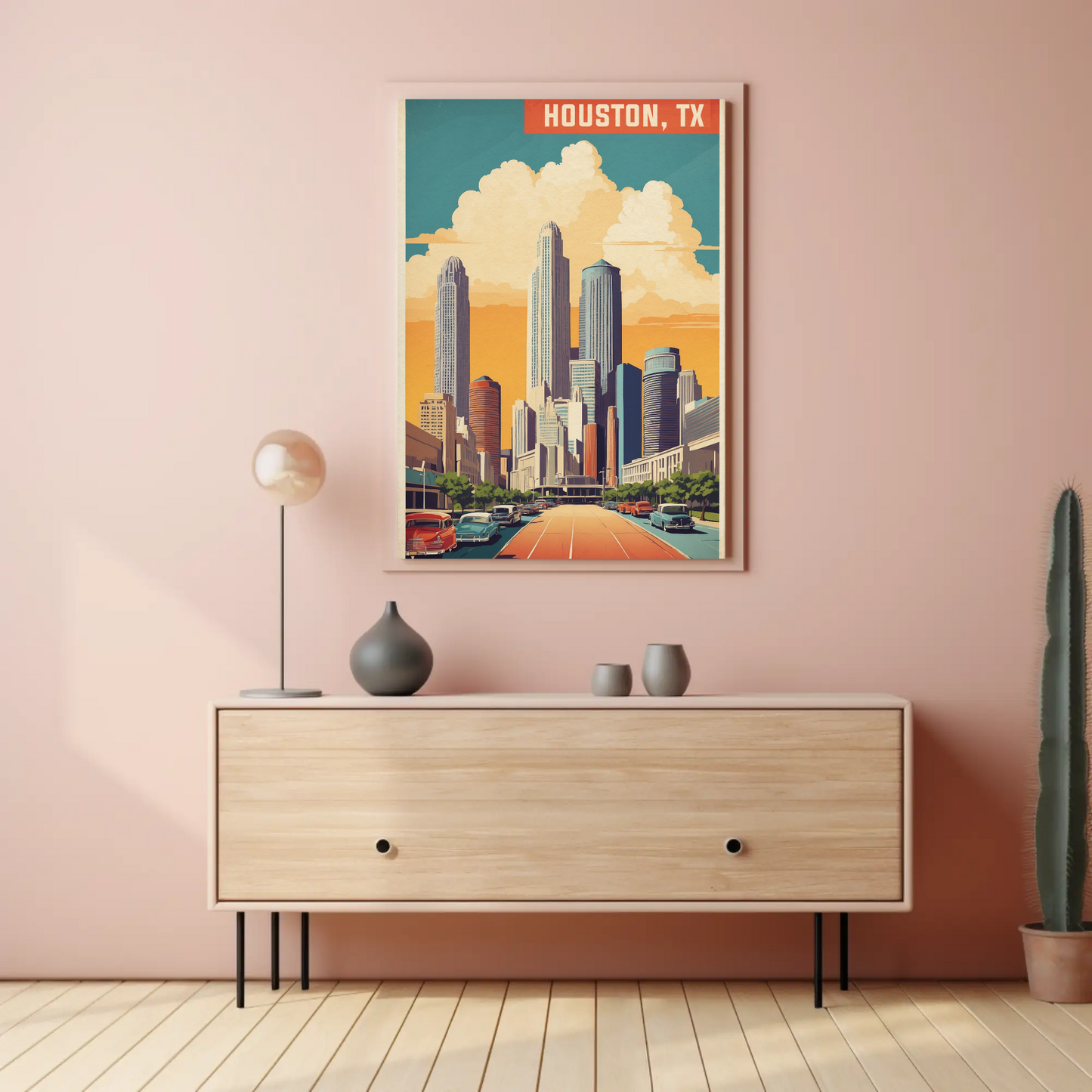 Houston Texas Skyline Classic Cars Sunset Vintage Travel Poster
