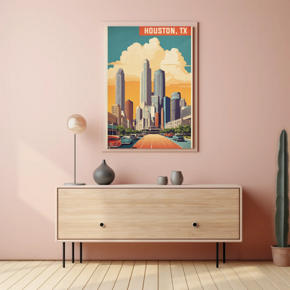 Houston Texas Skyline Classic Cars Sunset Vintage Travel Poster