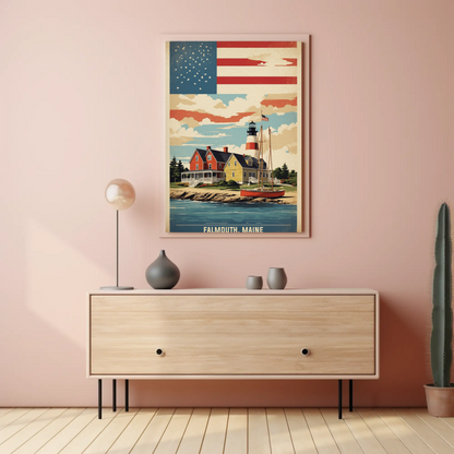 Falmouth Maine Lighthouse Harbor Scene Vintage Travel Poster