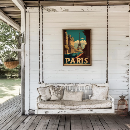 Paris Eiffel Tower Avenue Scene Vintage Travel Poster