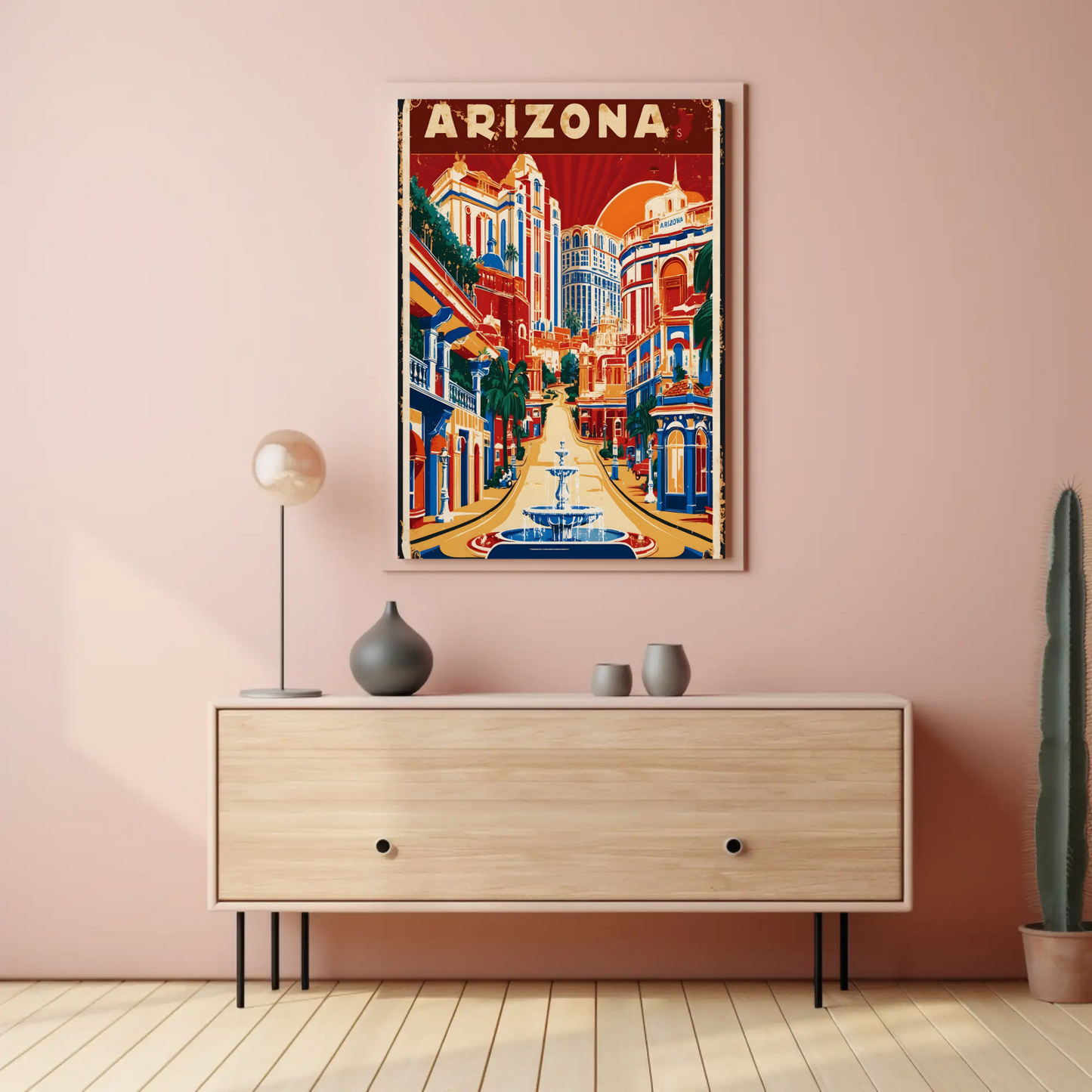 Arizona Bold Hillside Downtown Retro Travel Poster USA