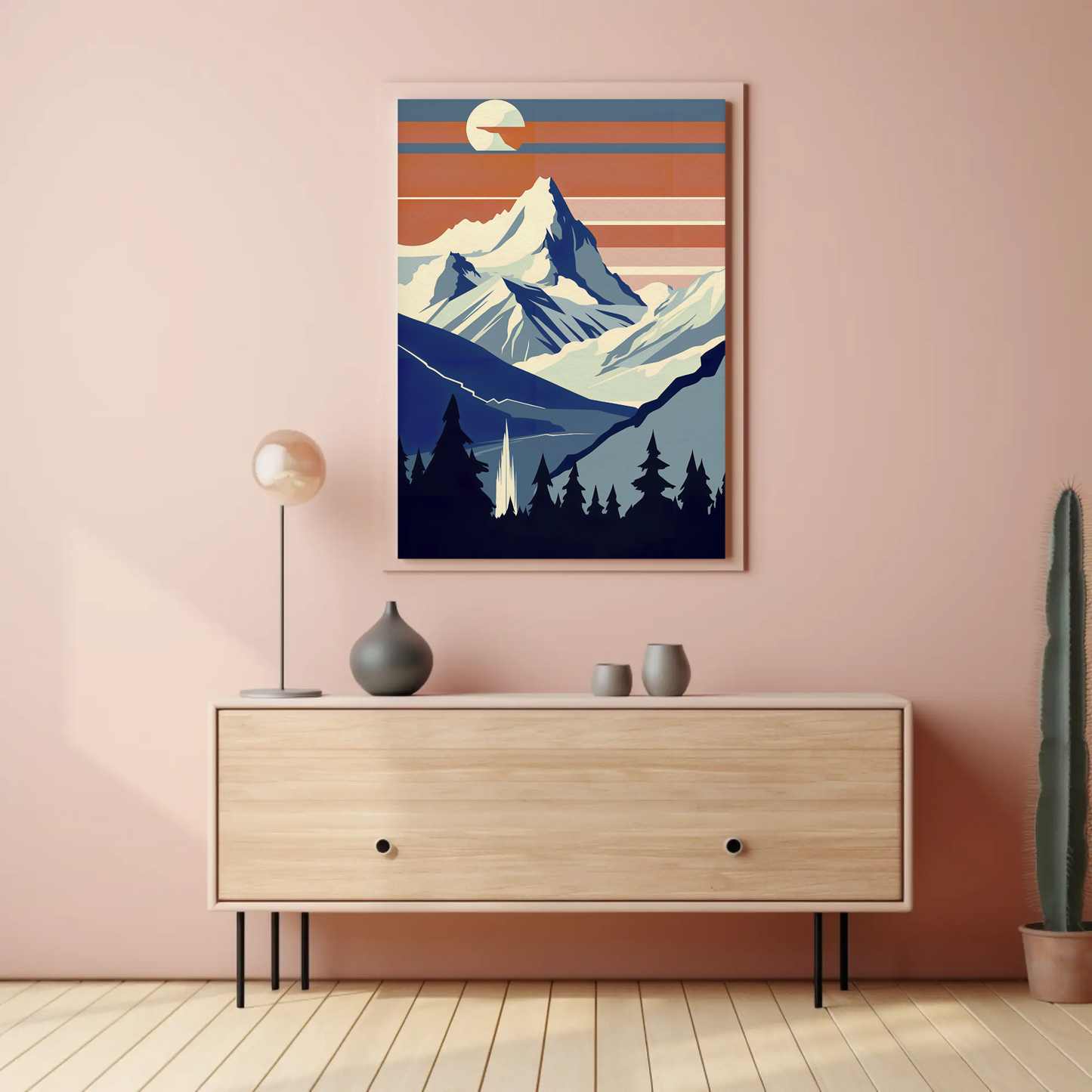 Sunset Snow Mountain View Silhouette Vintage Travel Poster