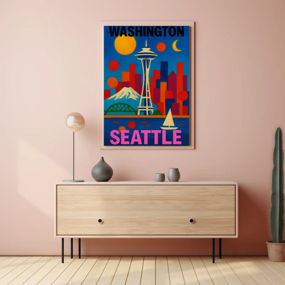 Washington Seattle Space Needle Mountains Sunset Vintage Travel Poster