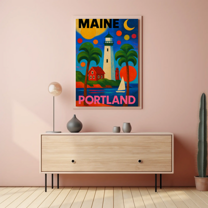 Maine Portland Lighthouse Sailboats Palms Vintage Travel Poster