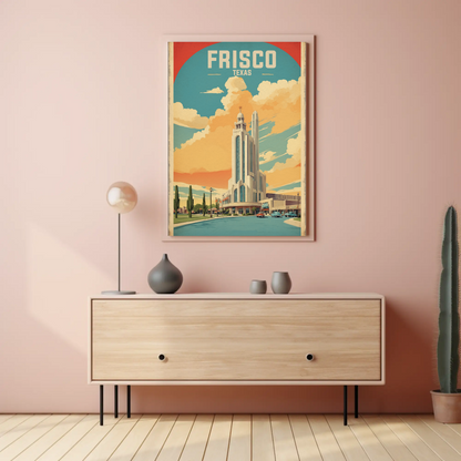 Frisco Texas Modern Tower Sunset Street Vintage Travel Poster