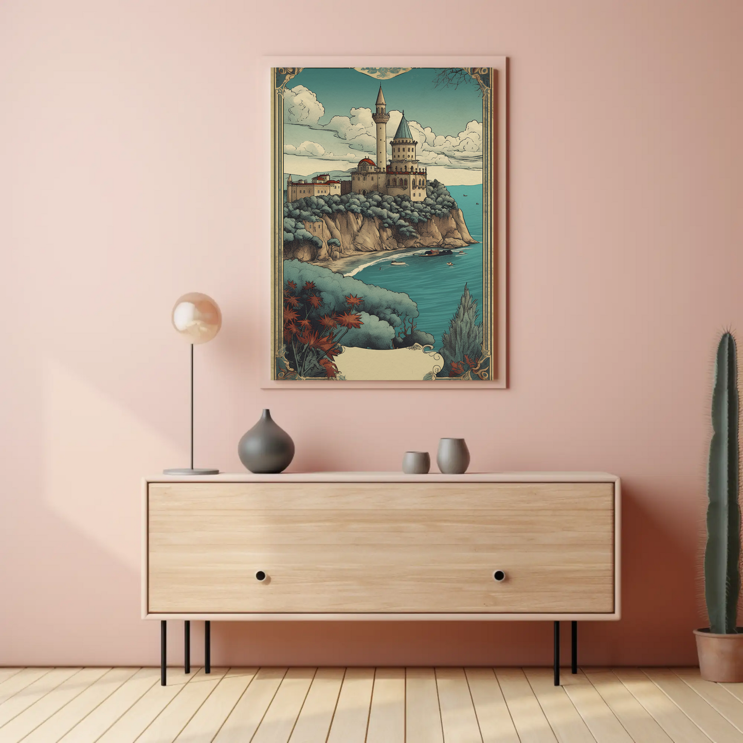 Cliffside Seaside Fortress Vintage Travel Poster
