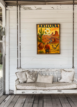 Arizona Desert Cowboy Saguaro Sunset Vintage Travel Poster