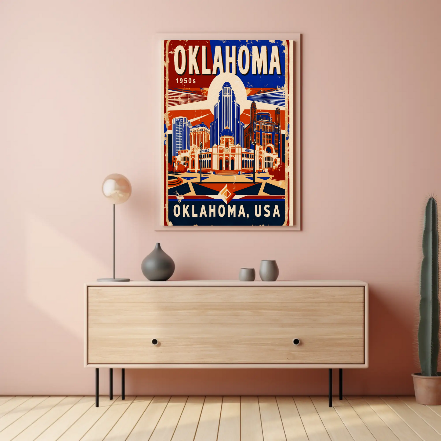 Oklahoma USA 1950s Art Deco Capitol Vintage Travel Poster
