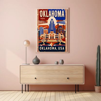 Oklahoma USA 1950s Art Deco Capitol Vintage Travel Poster