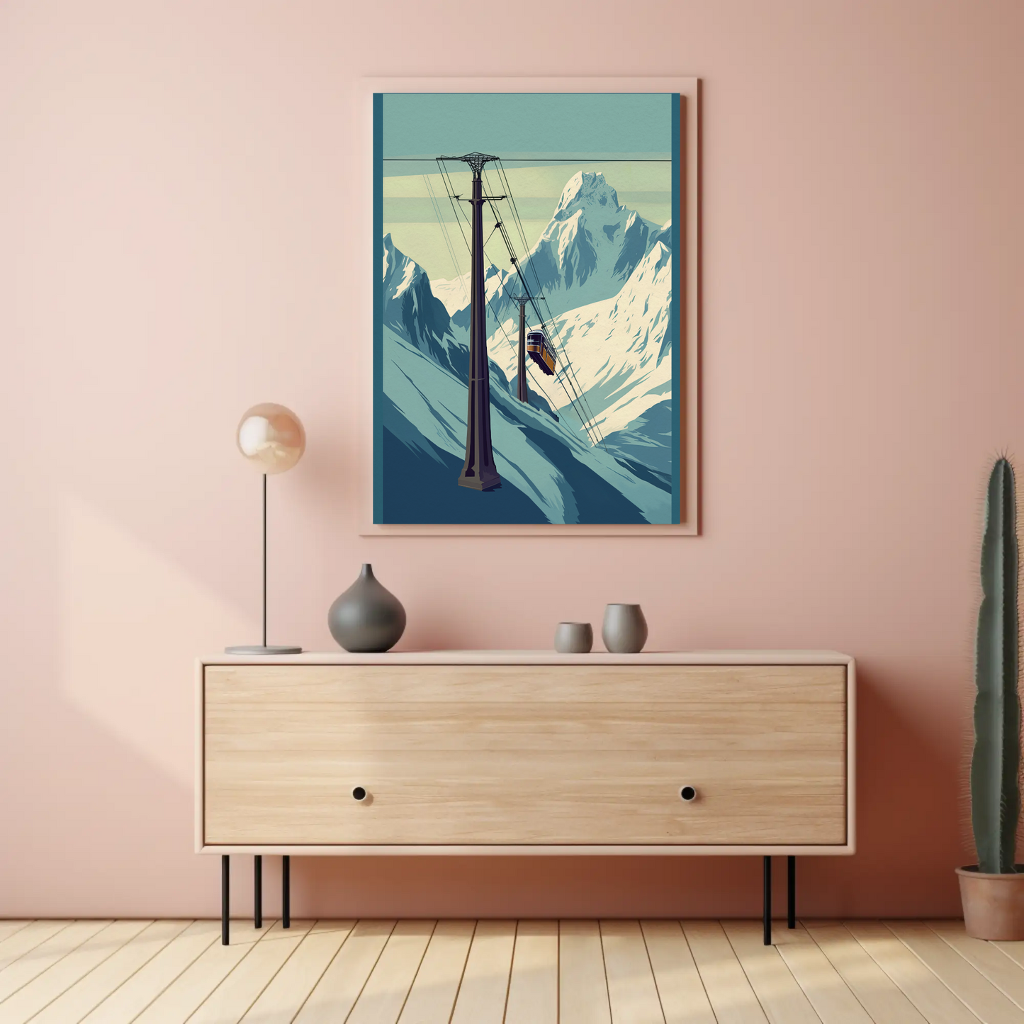Ski Lift Across Winter Mountain Range Vintage Travel Poster