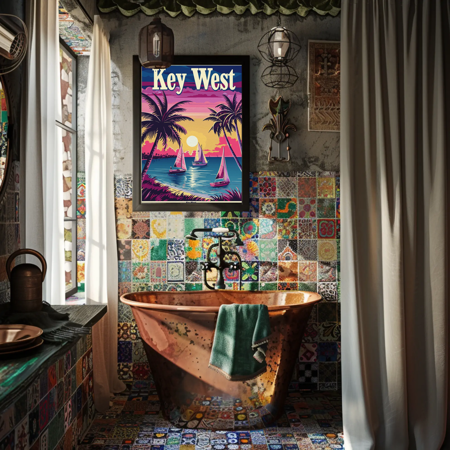 Key West Sailboats at Sunset Vintage Style Poster