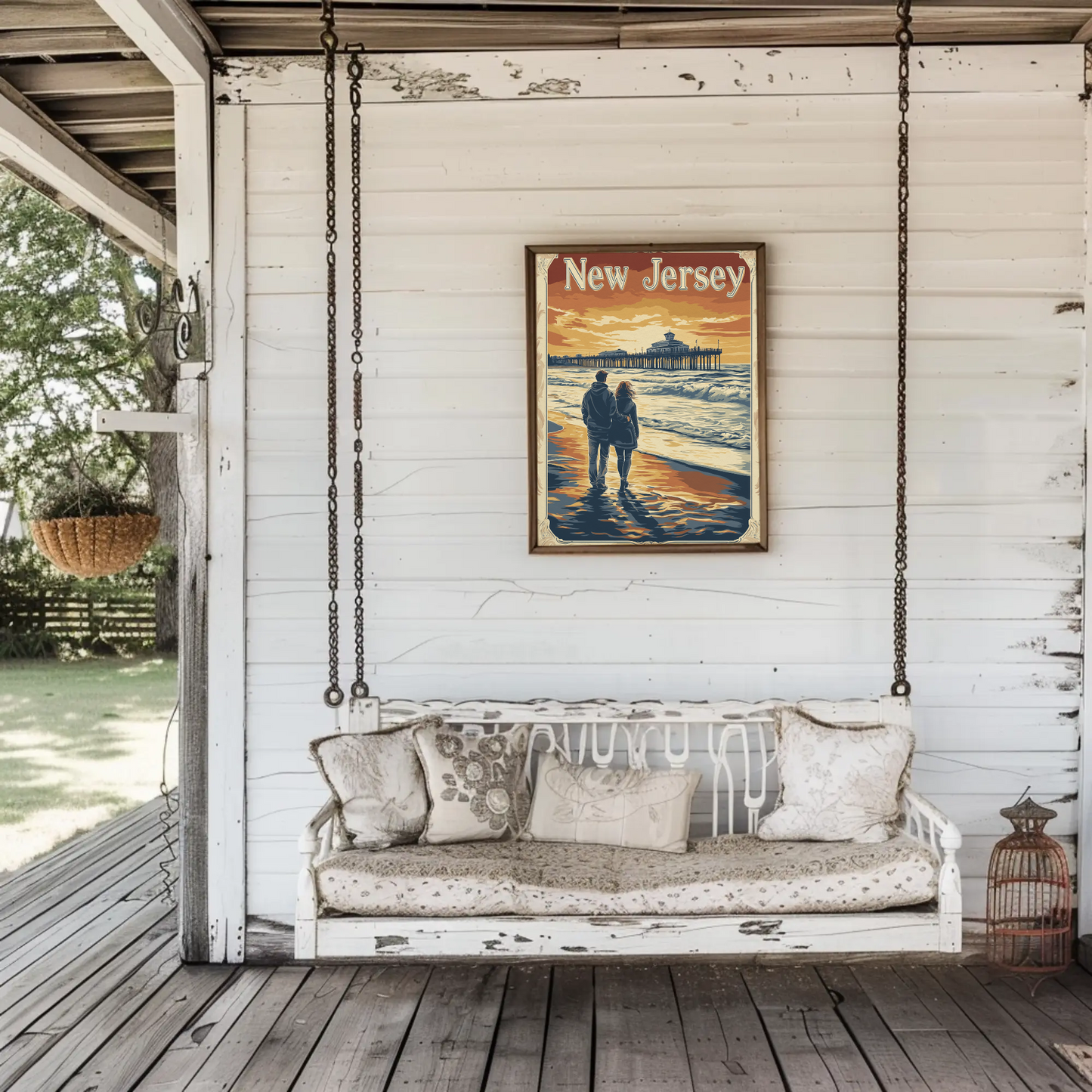 New Jersey Vintage Poster - Romantic Beach Walk