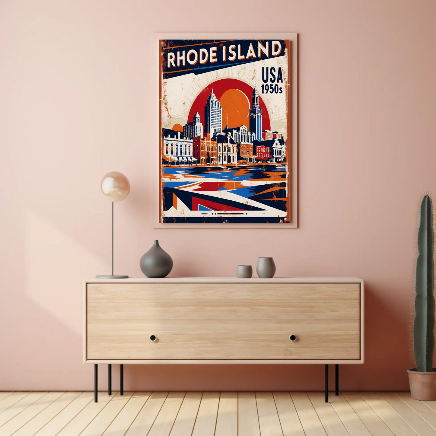 Rhode Island USA 1950s Waterfront Skyline Vintage Travel Poster