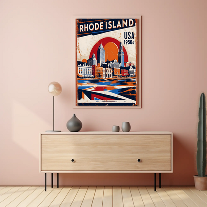 Rhode Island USA 1950s Waterfront Skyline Vintage Travel Poster